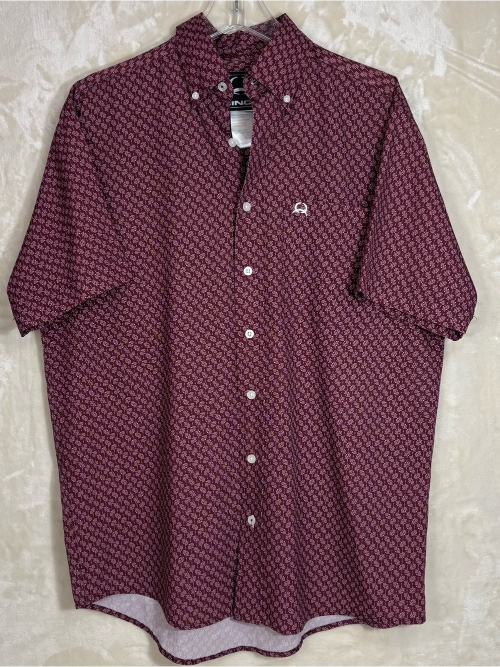 Cinch Men's Short-Sleeve Button-Down Shirt in Burgundy Geometric Pattern Size S